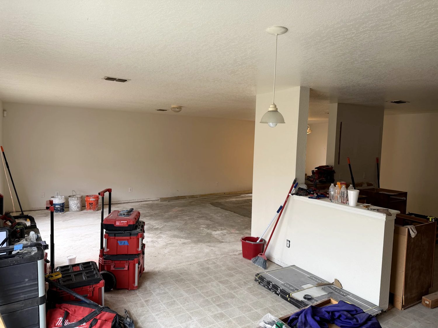 Kitchen during demolition, viewed from the living area